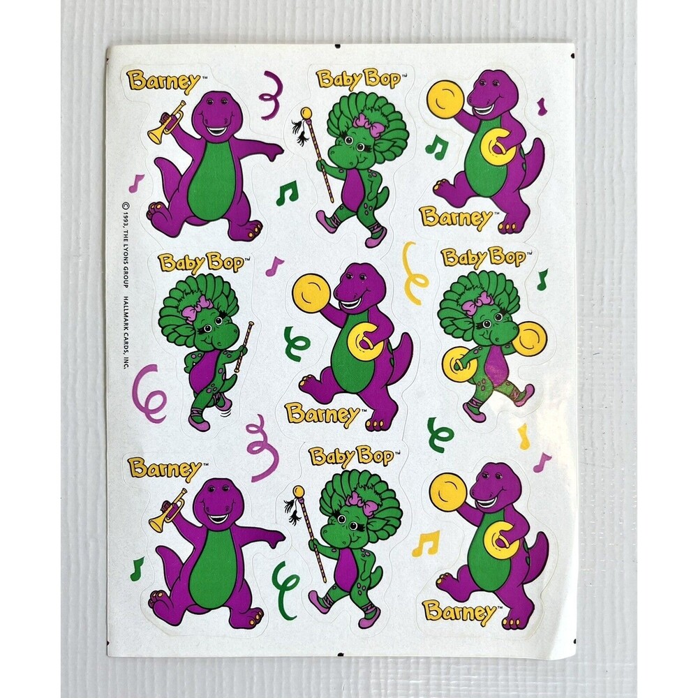 Vintage Barney Baby Bop Stickers Sheet of 9 Hallmark Cards The Lyons Group